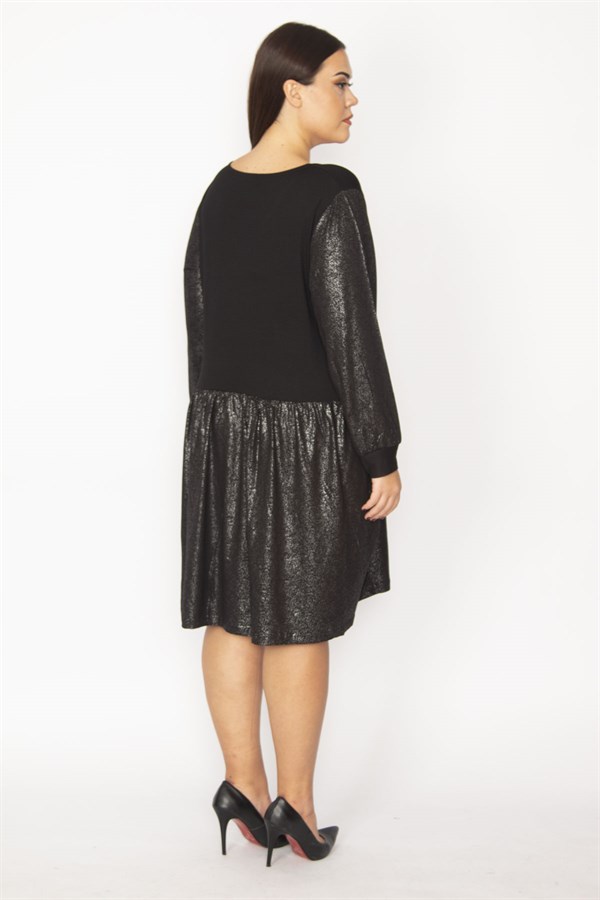 Kadın Siyah Etek Kısmı Ve Kolları Lak Detaylı Viskon Elbise 65N29932