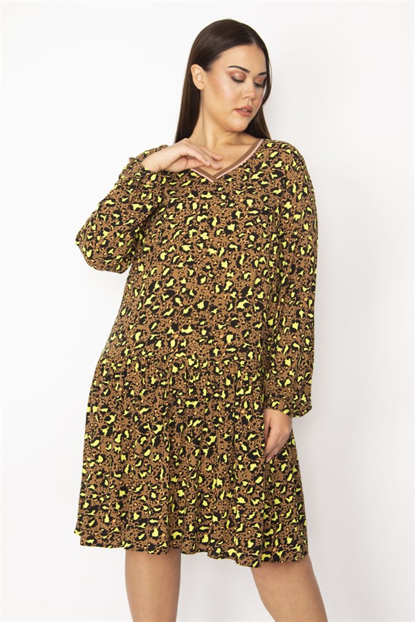 Kadın Desenli Yaka Ribanalı Eteği Katlı Elbise 65N29518