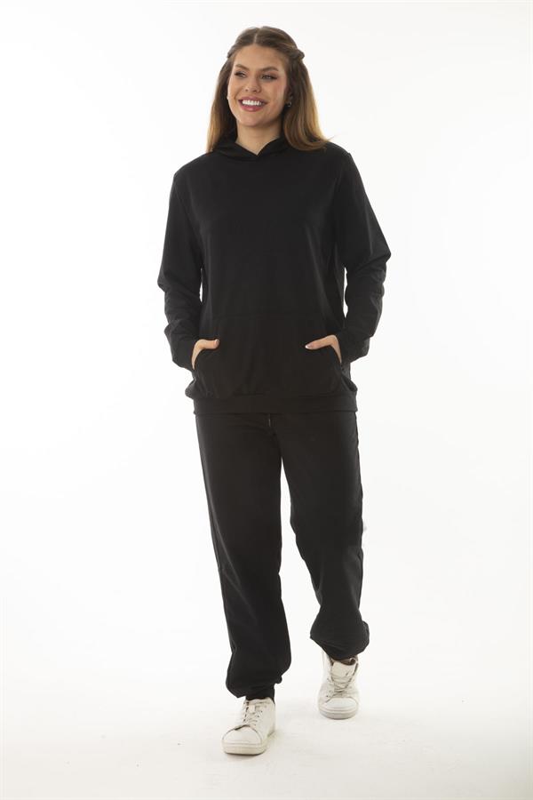 Kadın Büyük Beden Siyah Kanguru Cep Ve Kapşonlu Sweatshirt Pantolon İliki Takım 65N37053