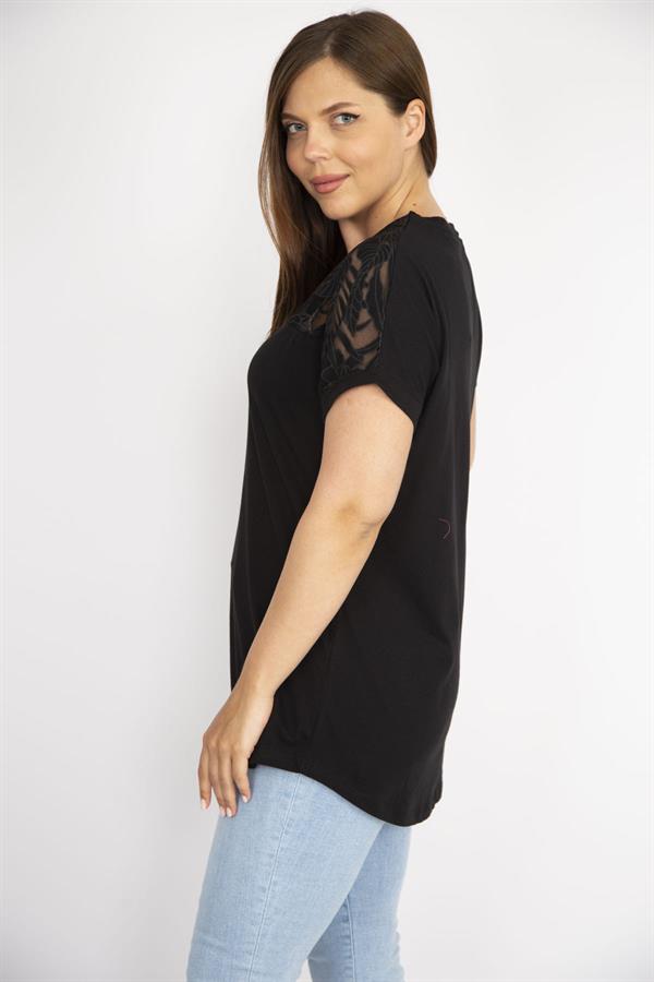 Kadın Beyaz Büyük Beden Pamuk Kumaş Robası Tül Aplike Uzun Bluz