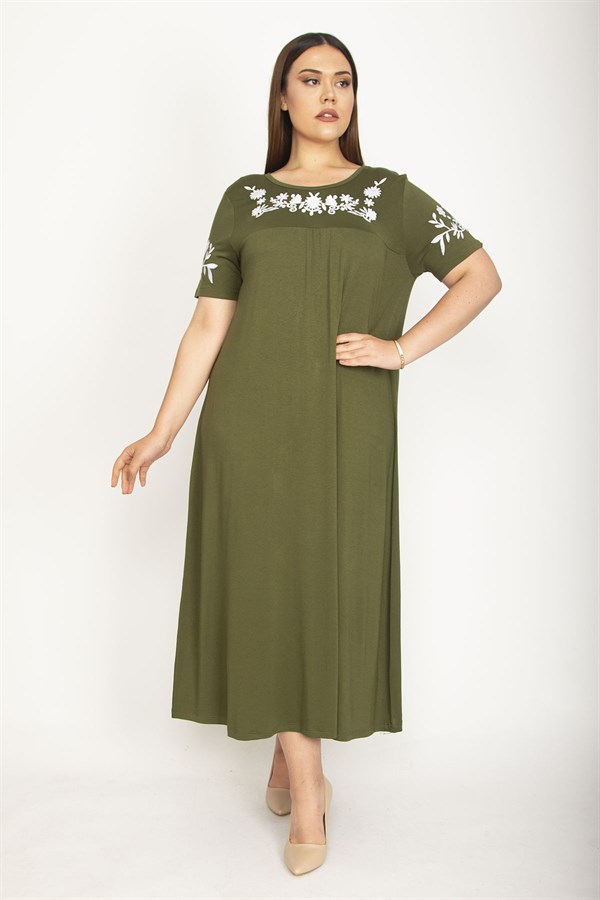 Kadın Haki Sim Detaylı Ön Baskılı Viskon Elbise 65N27473