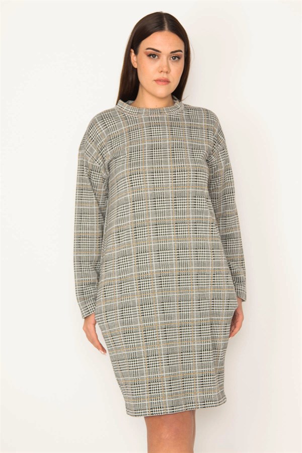 KADIN GRİ EKOSE DESENLİ SIFIR YAKA YAN CEPLİ ELBİSE