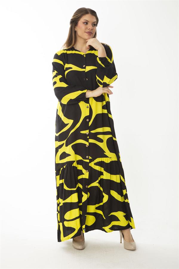 Kadın Büyük Beden Renkli Dokuma Viskon Kumaş Ön Boy Düğmeli Etek Ucu Katlı Elbise 65N37088