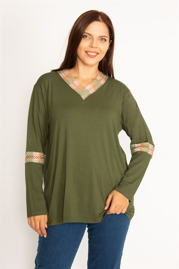 Kadın Haki Dantel Detaylı Bluz 65N34647