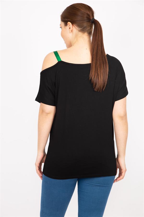 Kadın Siyah Büyük Beden Taş Ve Askı Detaylı Bluz