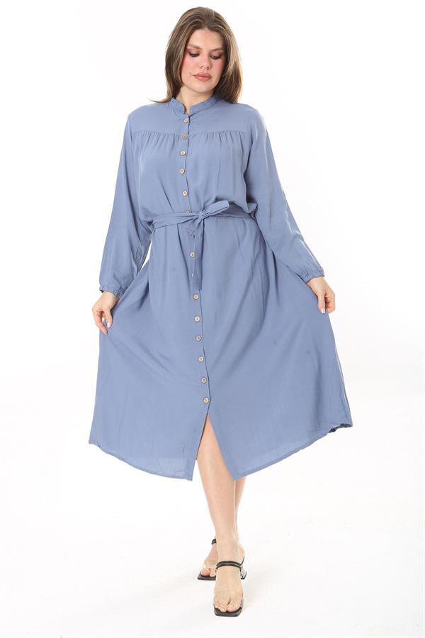 Kadın Lacivert Ön Düğmeli Roba Büzgülü Uzun Kuşaklı Elbise 65N37882