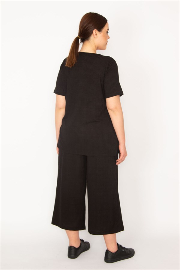 Kadın Fujya Kaşkorse Örme Beli Lastikli Geniş Paçalı Pantolon V Yakalı Bluz Takım 65N32939