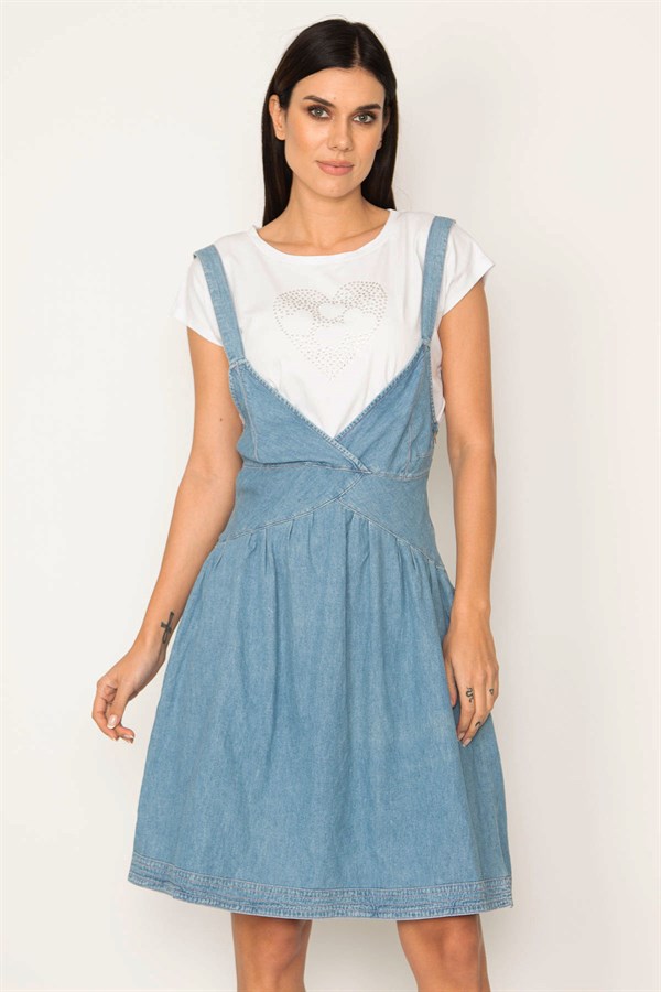 KADIN MAVİ ASKILI ANVELOP KOT ELBİSE