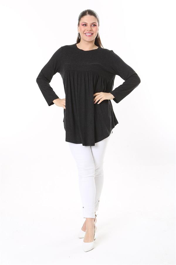 Kadın Büyük Beden Antrasit Göğüs Büzgü Detaylı Uzun Kollu Tunik 65N37687