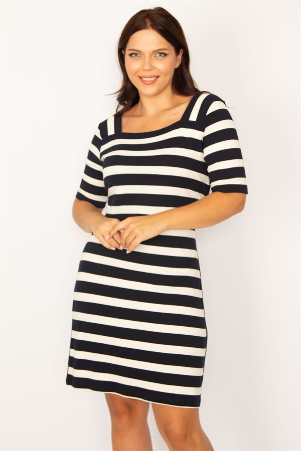 Kadın Lacivert Kare Yaka Çizgili Elbise 65N34177