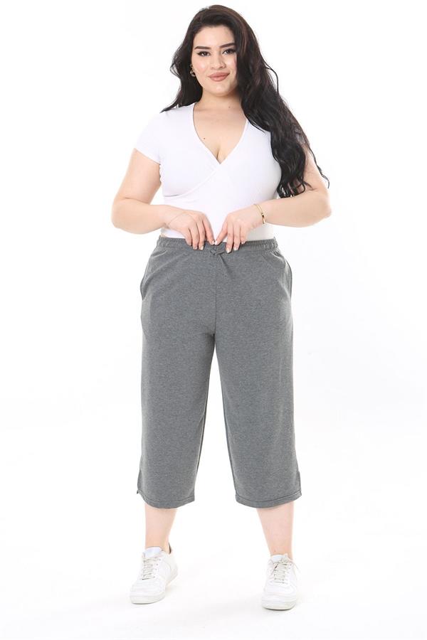 Kadın Büyük Beden Gri Beli Lastikli Eşofman Kapri 65N37977