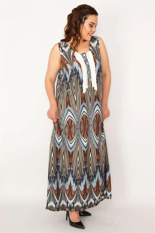 Kadın Gri Ön Pat Düğme Ve Dantel Detaylı Javanez Viskon Elbise 65N33208