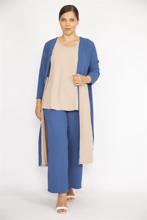 Kadın Büyük Beden İndigo Hırka İç Bluz Ve Pantolon Üçlü Takım