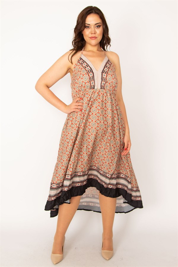 Kadın Renkli Boyundan Bağlamalı Arkası Uzun Elbise 65N33465