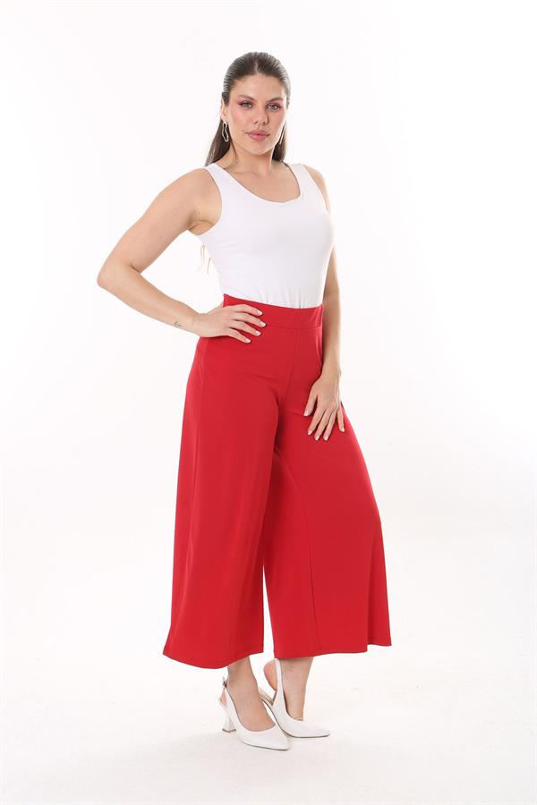 Kadın Büyük Beden Kırmızı Geniş Paçalı Beli Lastikli Likralı Sandy Kumaş Pantolon 65N37443