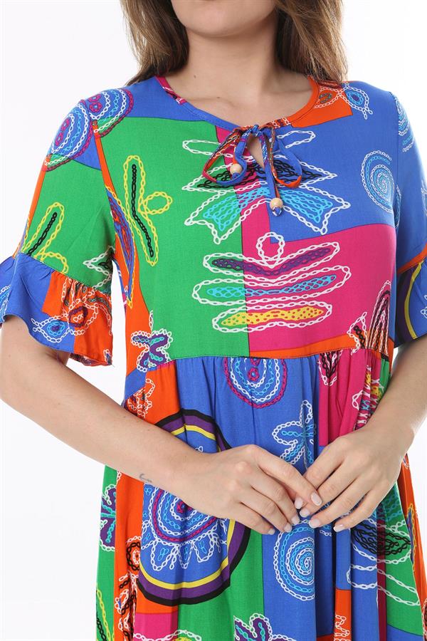 Kadın Büyük Beden Mavi Dokuma Viskon Kumaş Kısa Kollu Katlı Elbise 65N37762