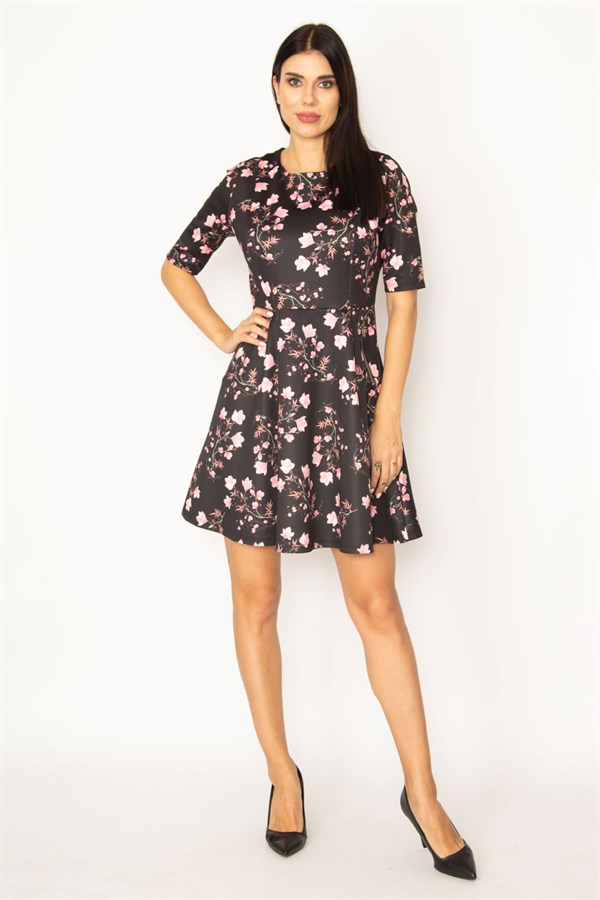 WOMEN'S BLACK ORNAMENT POCKET ZIPPERED FLORAL PATTERNED DRESS