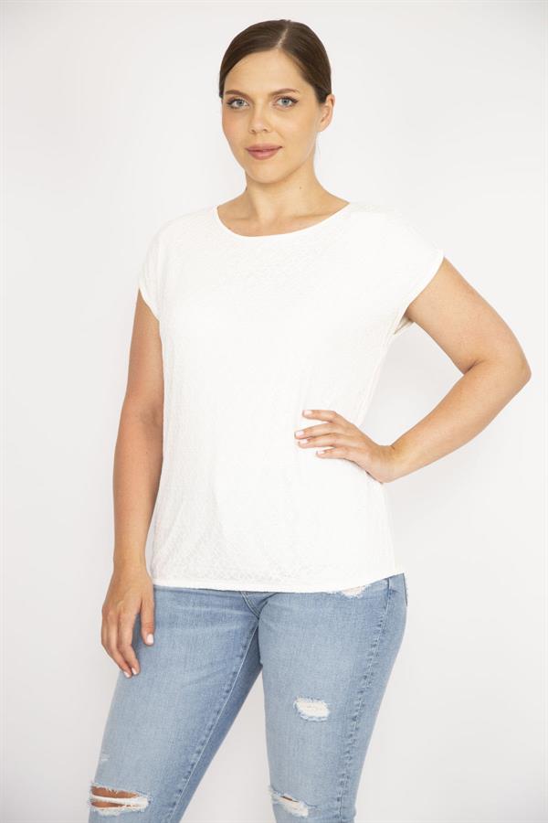Kadın Kemik Büyük Beden Önü Dantelli Düşük Kollu Bluz