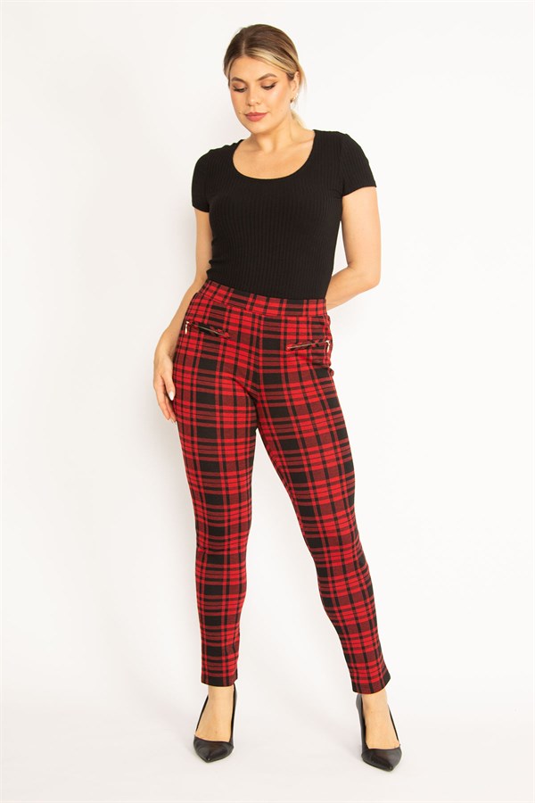Kadın Kırmızı Ekose Desenli Süs Fermuar Cepli Tayt 65N34640