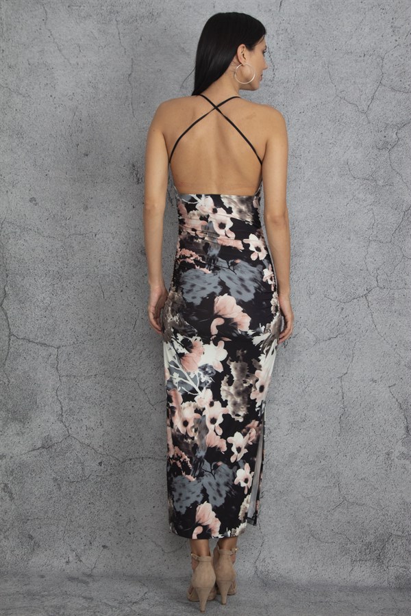 Kadın Renkli Askılı Yanları Lastik Detaylı Sırt Dekolteli Elbise