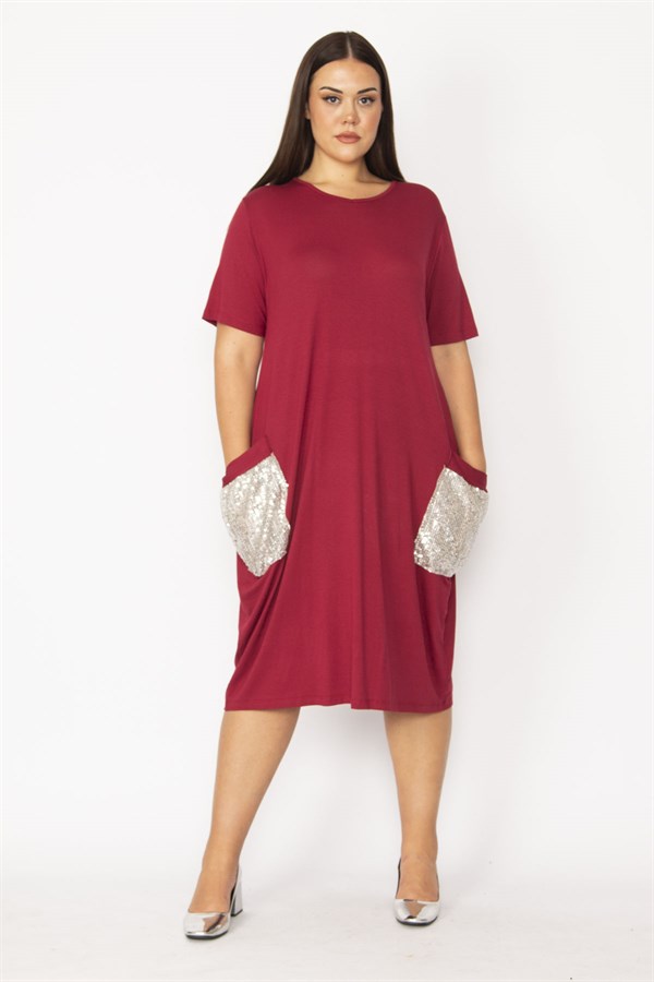 Kadın Bordo Cebi Payet Detaylı Viskon Elbise 65N28931