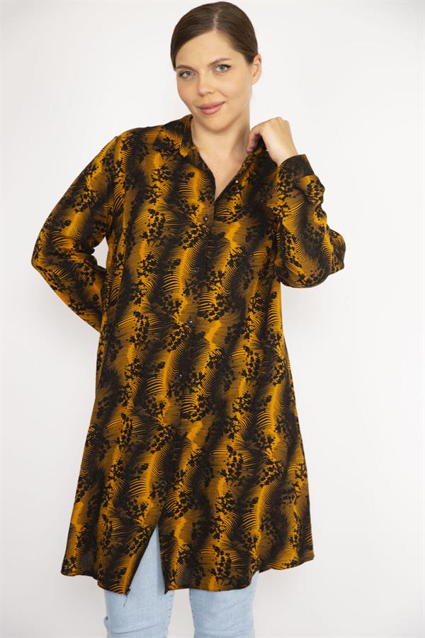 Kadın Büyük Beden Hardal Ön Düğmeli Uzun Kollu Gömlek