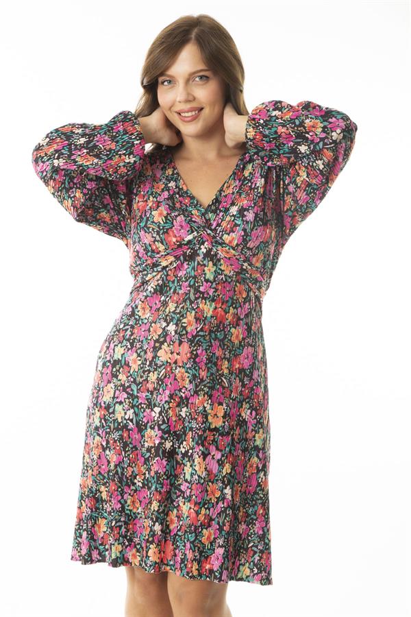 Kadın Büyük Beden Renkli Göğüs Büzgü Detaylı Krinkıl Desenli Elbise 65N36896