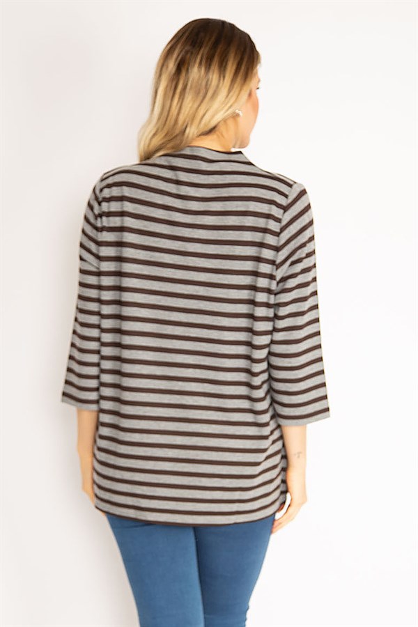 Kadın Gri Sıfır Yaka Çizgili Bluz 65N35169