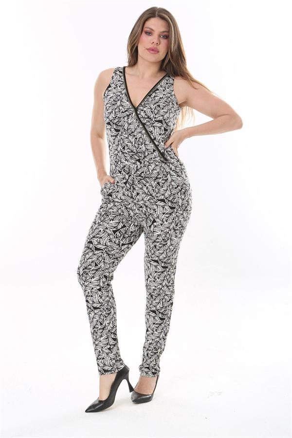 Kadın Büyük Beden Siyah Anvelop Yakalı Desenli Tulum 65N37775