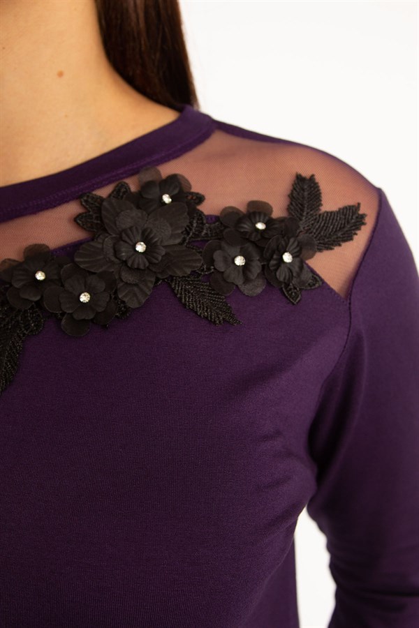 Kadın Mor Aplike Ve Tül Detaylı Bluz 65N34575