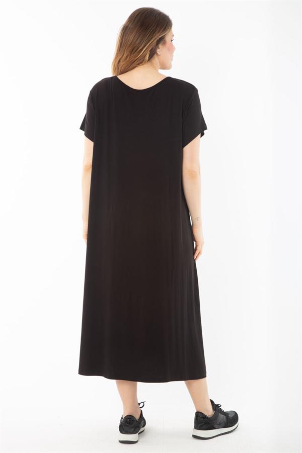 Kadın Büyük Beden Siyah Lame Baskılı Elbise