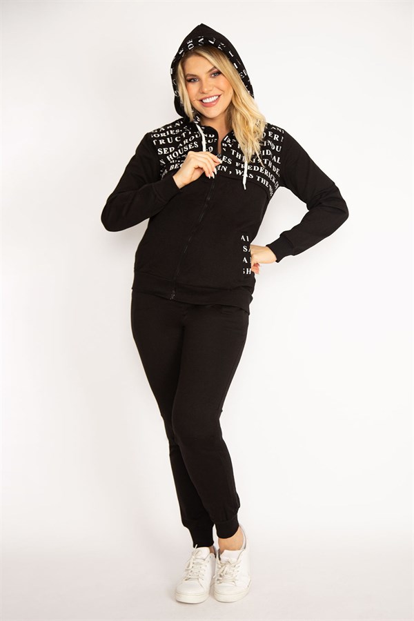 Kadın Siyah Fermuar Ve Kapşon Detaylı Baskılı Eşortman Takım 65N34841