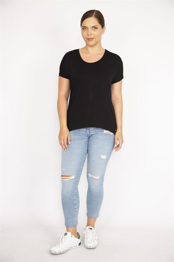 Kadın Siyah Büyük Beden Bisiklet Yakalı Kısa Kollu Arkası Uzun Bluz