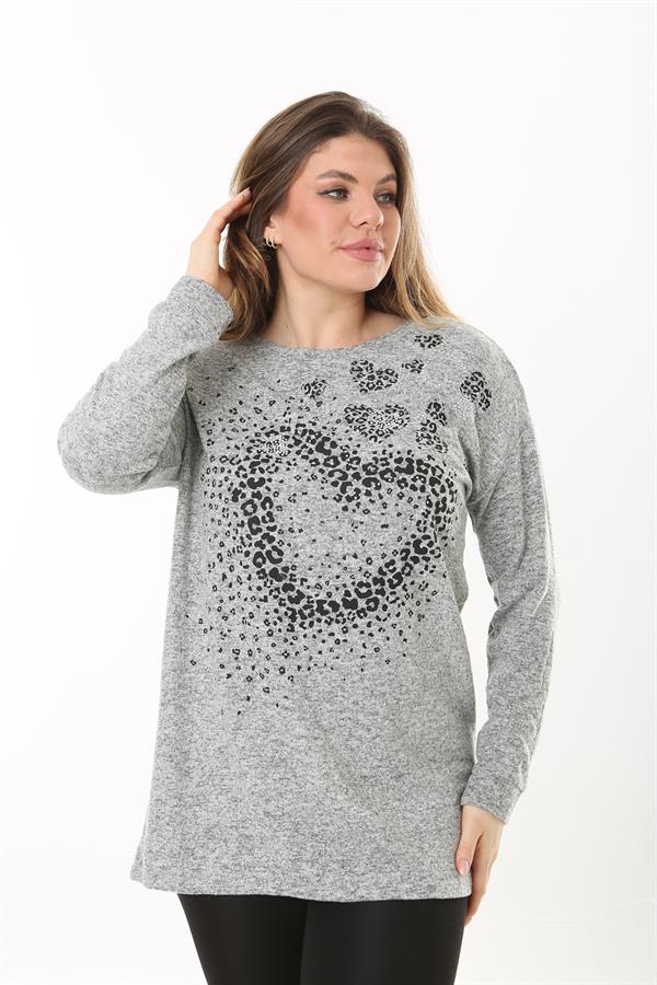 Kadın Büyük Beden Gri Önü Taş Detaylı Yün Viskon Bluz 65N37501