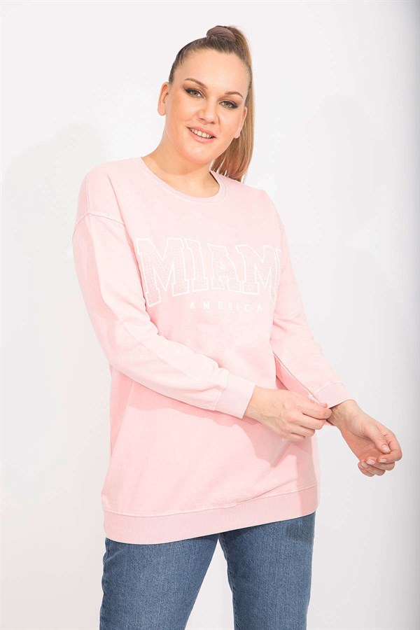 Kadın Pembe Pamuklu Kumaş Taş Ve Baskı Detaylı Sweatshirt 65N35482