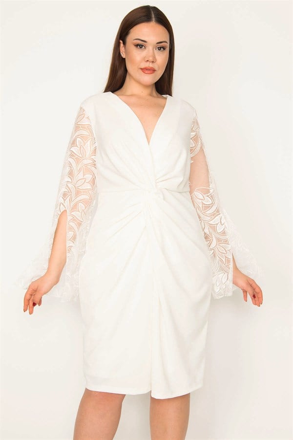 ROBE DE SOIRÉE DOUBLÉE POUR FEMME AVEC CHEMISE À BRAQUAGE ET MANCHES À DÉTAILS EN DENTELLE