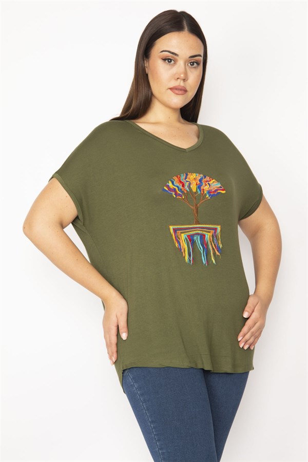 Kadın Haki Nakış Detaylı Düşük Kol Viskon Bluz 65N29506