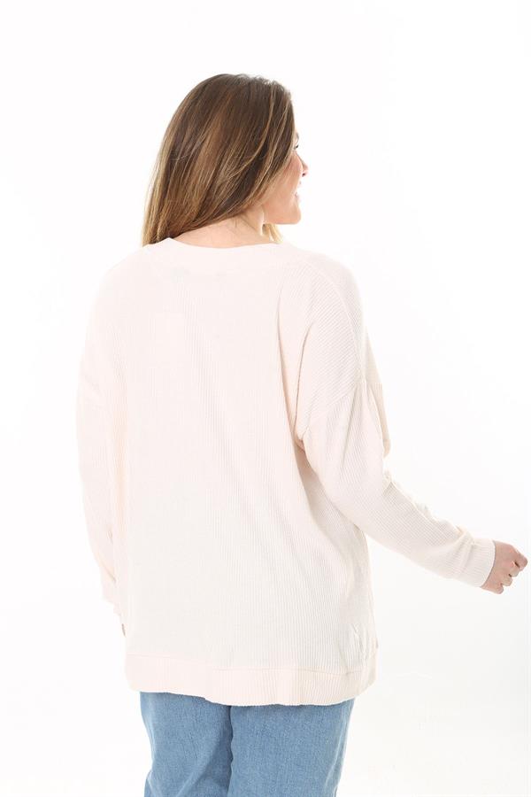 Kadın Büyük Beden Pudra V Yakalı Kendinden Çizgili Uzun Kollu Tunik 65N37527