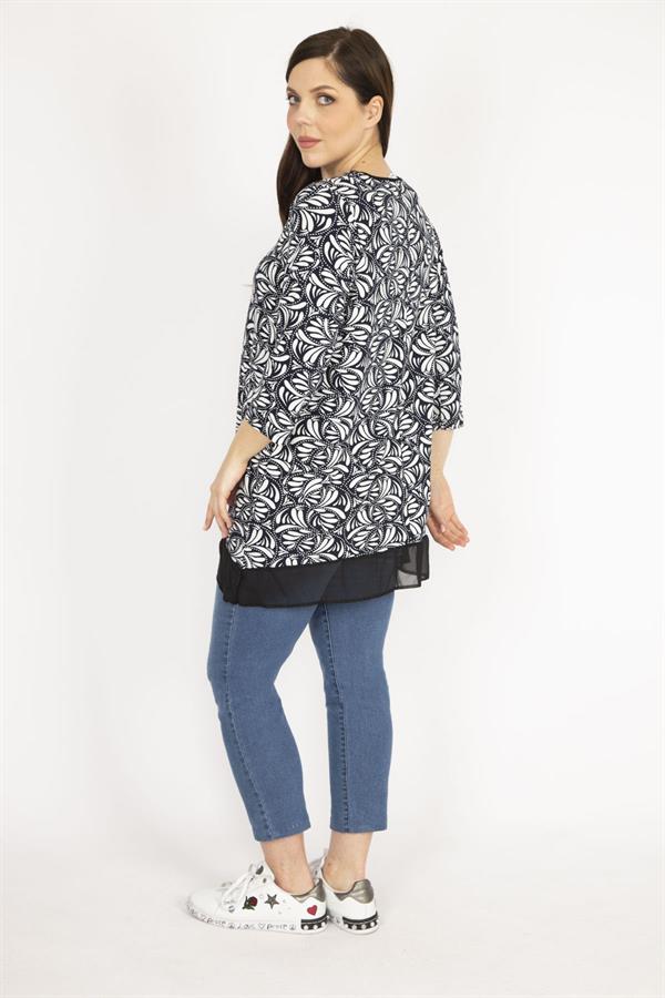 Kadın Lacivert Büyük Beden Etek Ucu Şifon Garnili Tunik