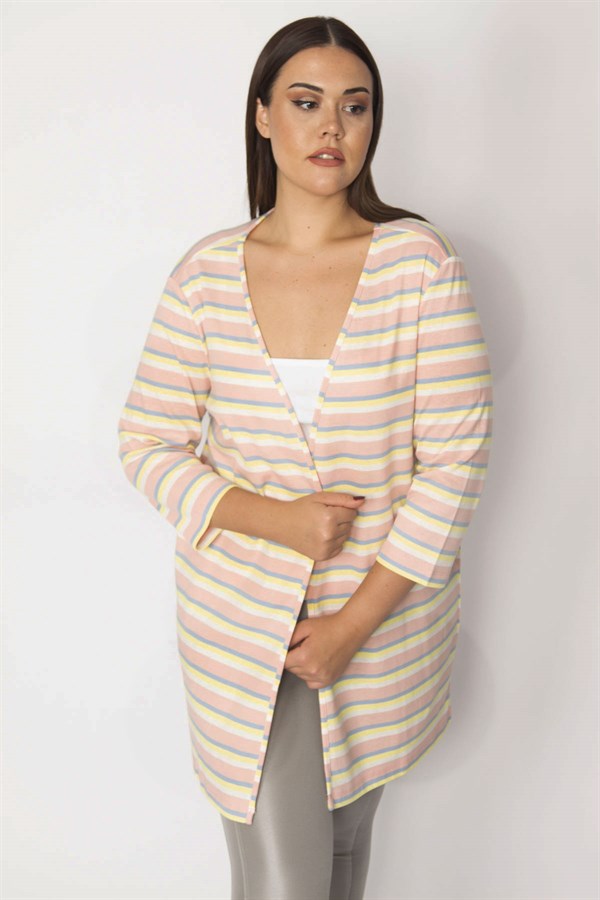 Kadın Kemik Pamuklu Kumaş Çizgili Hırka 65N29664