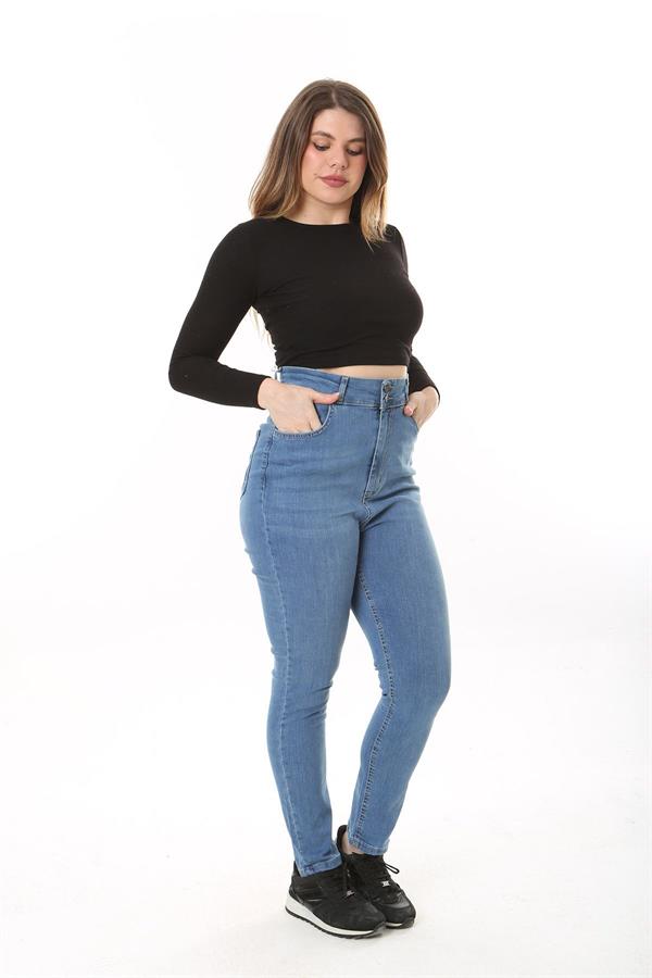 Kadın Büyük Beden Mavi Yüksek Bel Dar Paçalı Likralı 5 Cep Kot Pantolon 65N37642