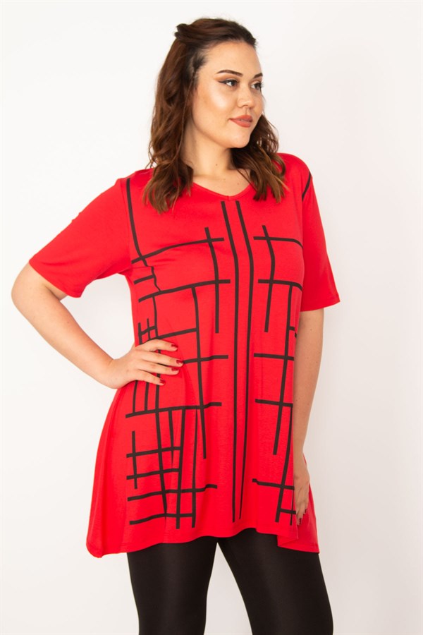Kadın Kırmızı V Yaka Ön Baskılı Tunik 65N33343