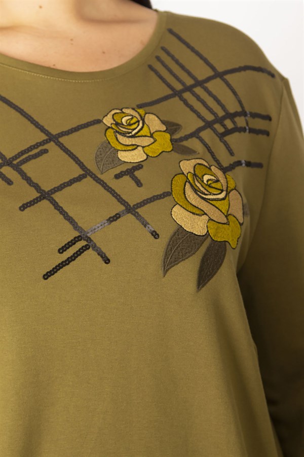 Kadın Haki Nakış Ve Payet Detaylı Uzun Kollu Elbise 65N28729