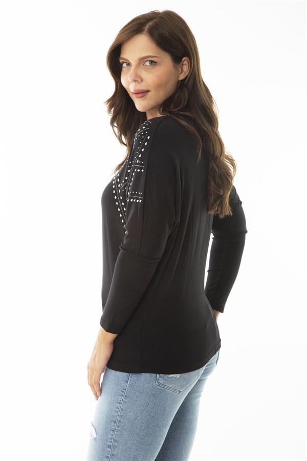 Kadın Büyük Beden Siyah Taş Detaylı Yarasa Kol Bluz 65N36862