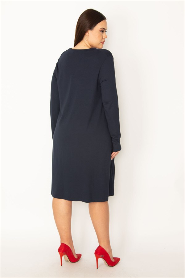 Kadın Lacivert V Yakalı Uzun Kollu Elbise 65N34945