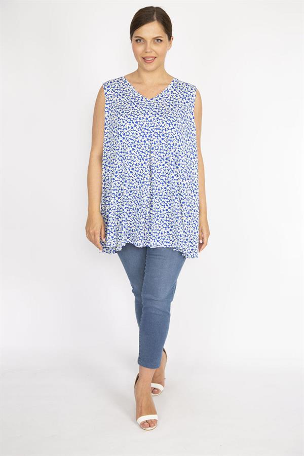 Kadın Mavi Büyük Beden V Yakalı Önü A Pile Çiçek Desenli Bluz