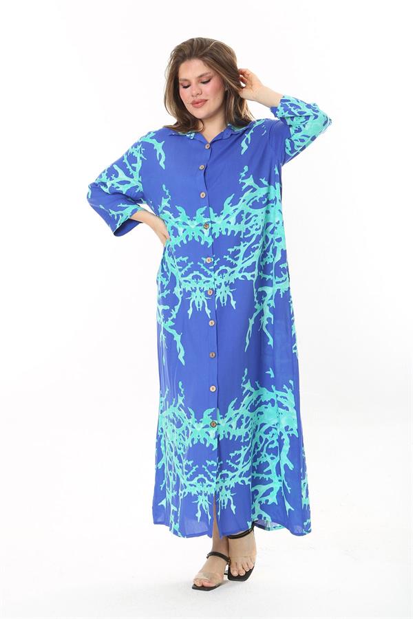 Kadın Büyük Beden Mavi Ön Boy Düğmeli Gömlek Yakalı Uzun Elbise 65N37875