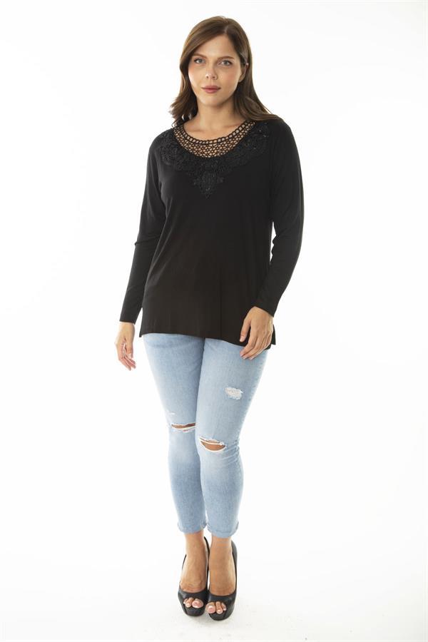 Kadın Büyük Beden Siyah Yakası Dantel Detaylı Uzun Kollu Bluz 65N36866