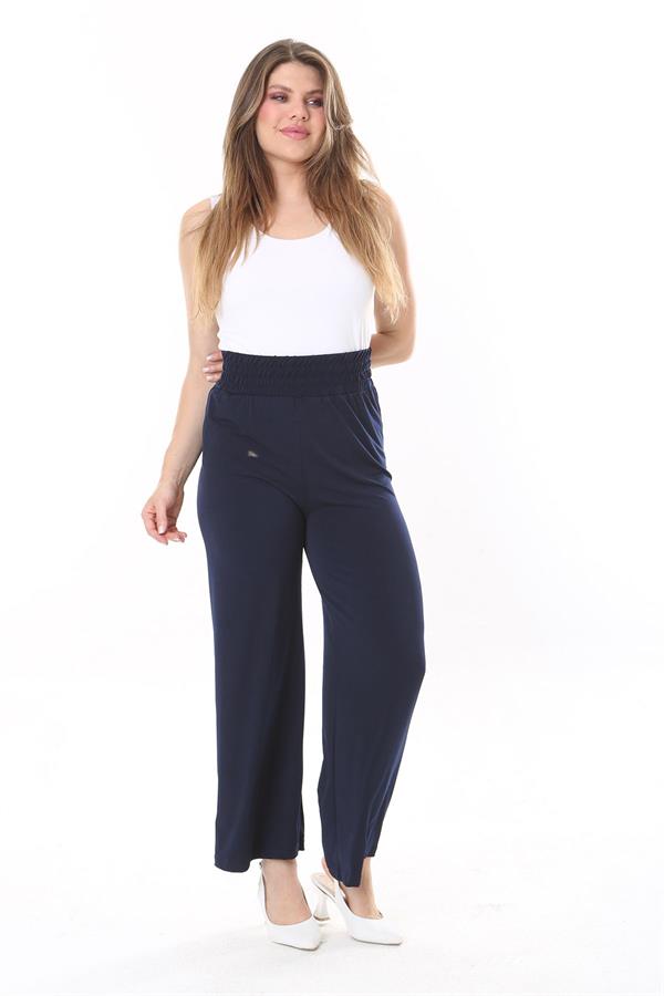 Kadın Büyük Beden Lacivert Beli Geniş Lastikli Likralı Jarse Pantolon 65N37845