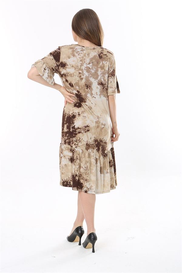 Kadın Büyük Beden Kahve Batik Desenli Kısa Kollu Etek Ucu Katlı Elbise 65N37764